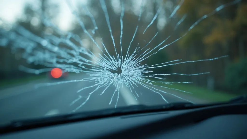 Langer durchgehender Riss zieht sich quer über die gesamte Windschutzscheibe eines Autos